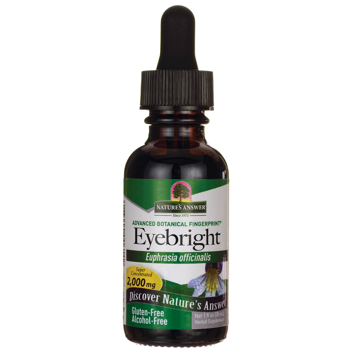 NAT031 | Amber glass dropper bottle labeled Eyebright Euphrasia officinalis Nature's Answer herbal supplement