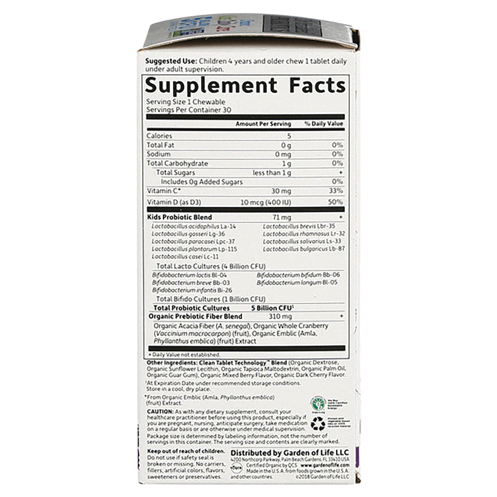 GLF207 | back panel showing Supplement Facts label, ingredient list, and usage information for children's probiotic chewable tablets - Thumbnail