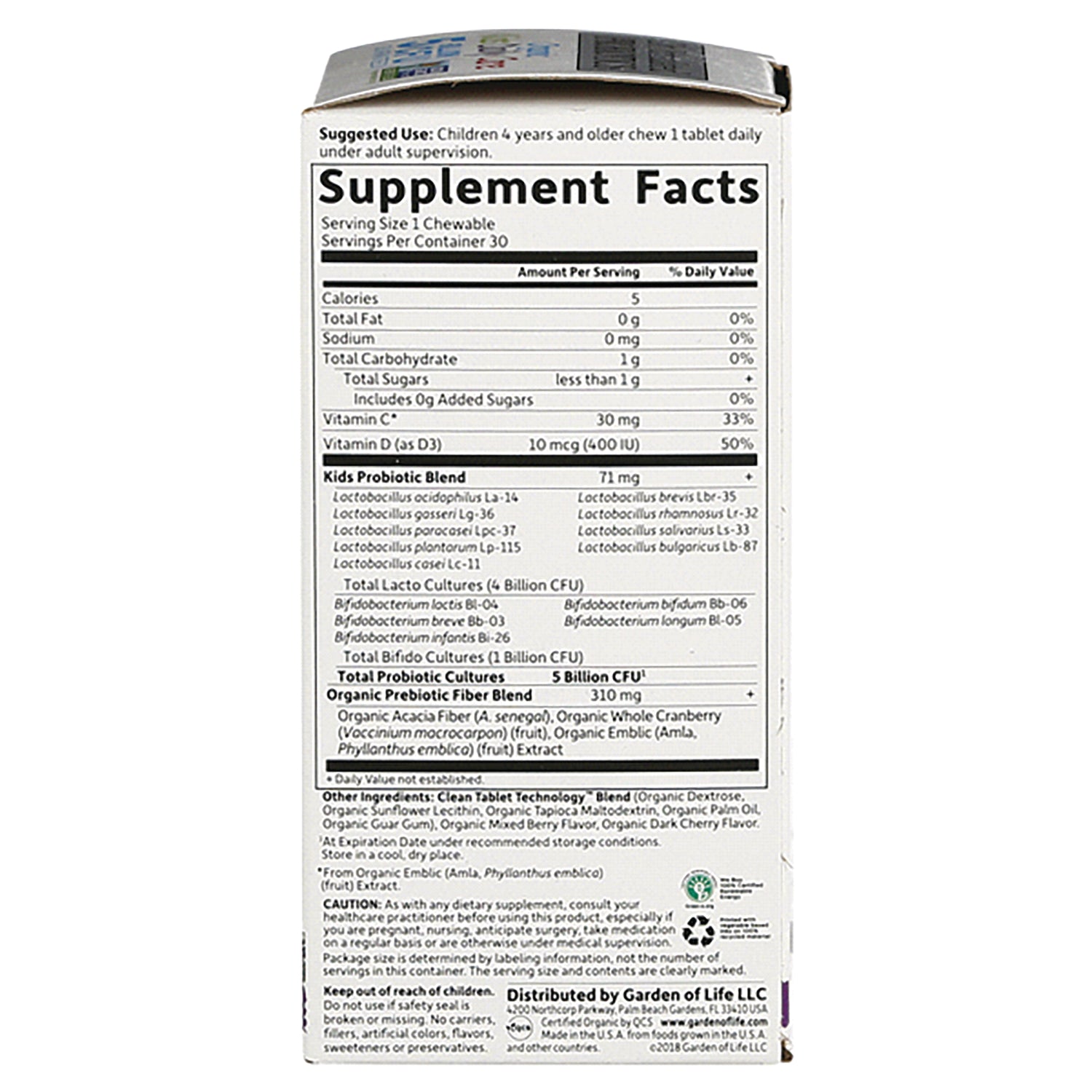 GLF207 | back panel showing Supplement Facts label, ingredient list, and usage information for children's probiotic chewable tablets