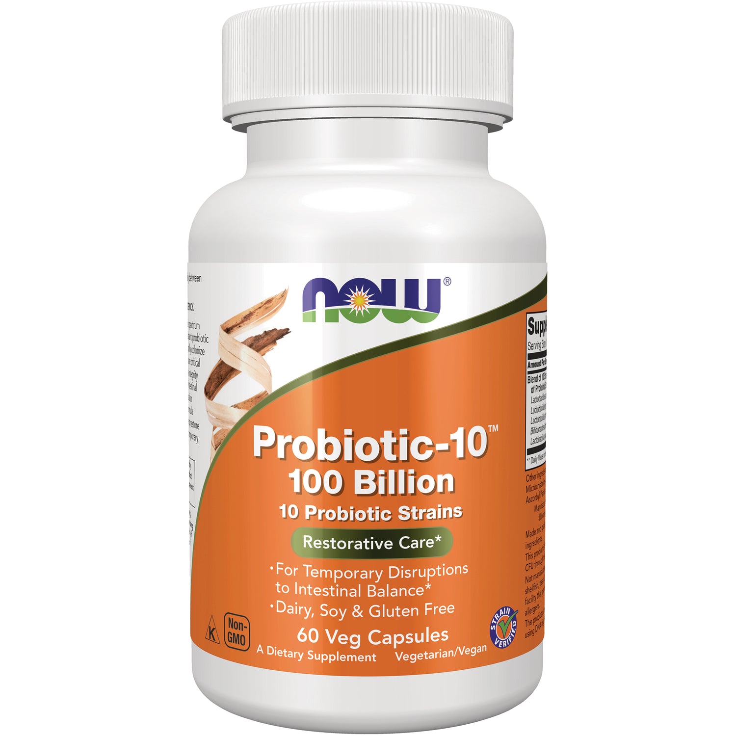 NWF1460 | NOW Probiotic-10 100 Billion bottle, 60 veg capsules label showing product name and restorative care