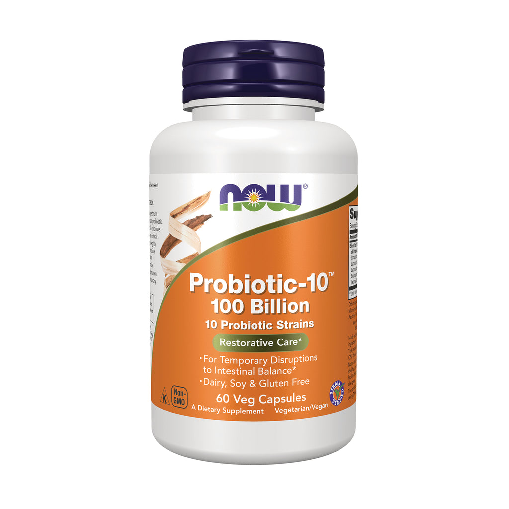 NWF1460 | NOW Probiotic-10 100 Billion bottle, 60 veg capsules label showing product name and restorative care - Thumbnail