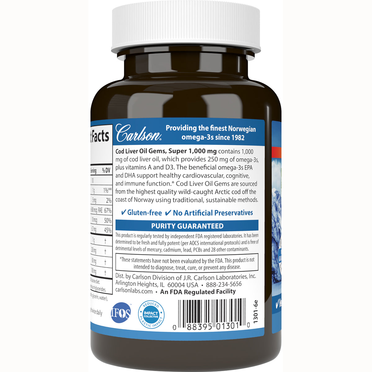 CSN019 | Back label of Carlson cod liver oil bottle showing supplement facts, purity guaranteed statement and barcode