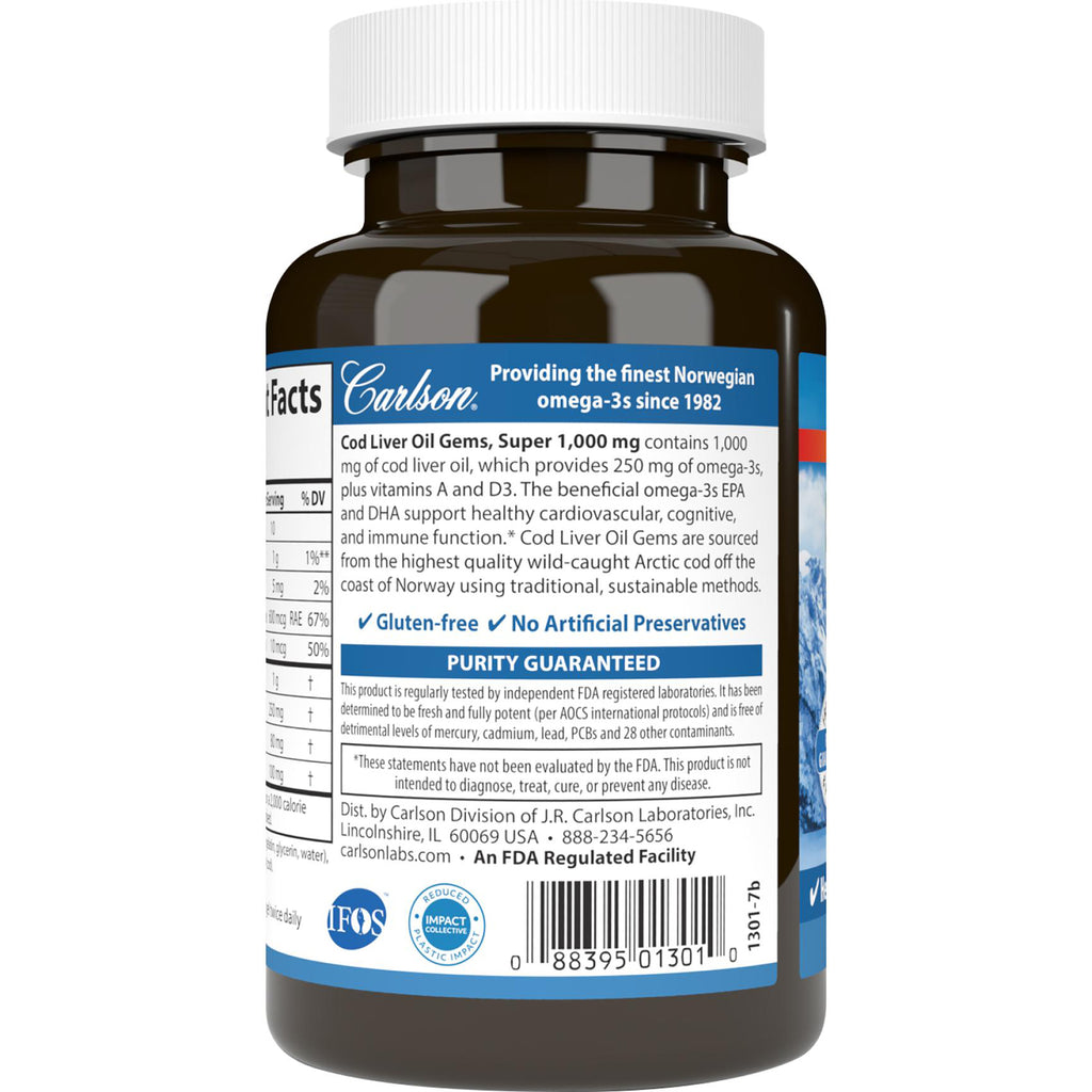 CSN019 | Back label of Carlson cod liver oil bottle showing supplement facts, purity guaranteed statement and barcode - Thumbnail