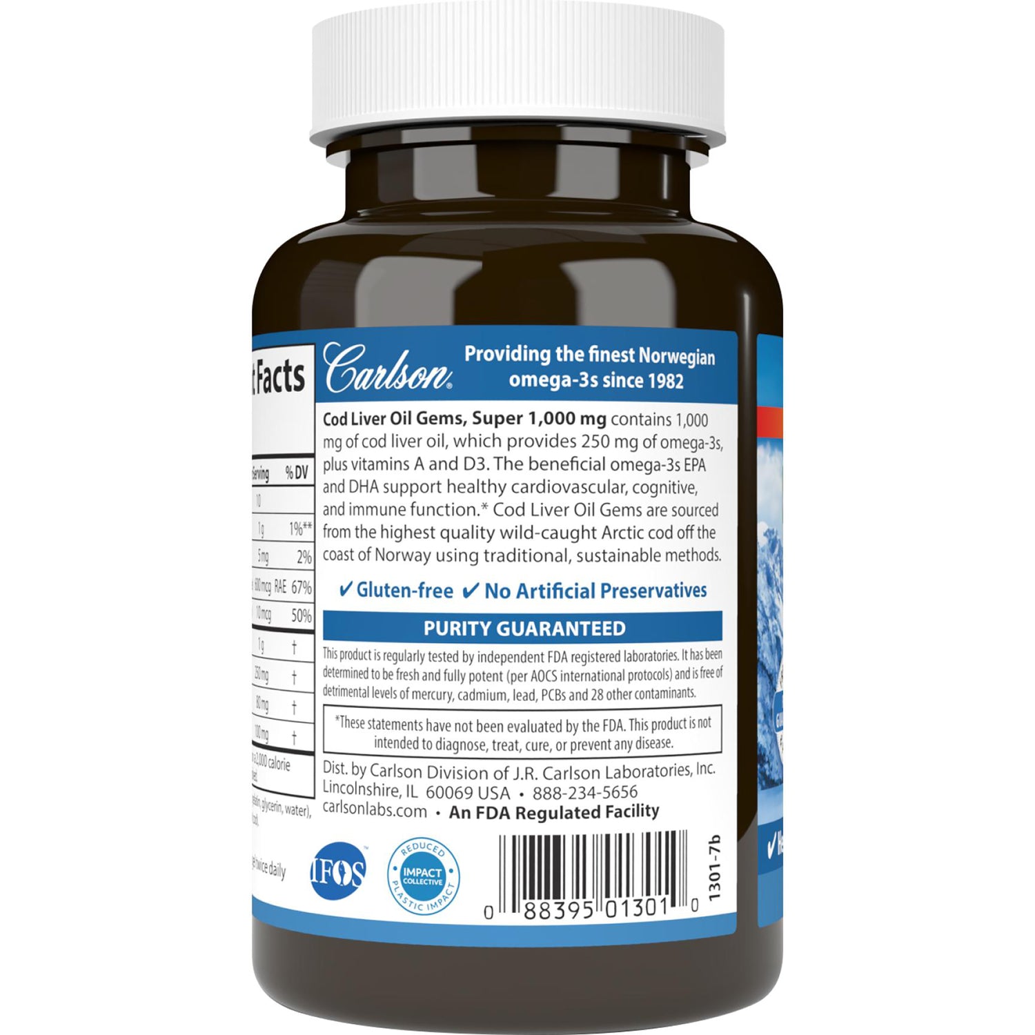 CSN019 | Back label of Carlson cod liver oil bottle showing supplement facts, purity guaranteed statement and barcode