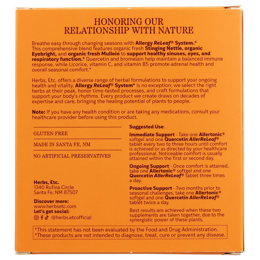 HE099 | Back of Herbs, Etc. Allergy ReLeaf System box with ingredients, suggested use, and FDA disclaimer - Thumbnail