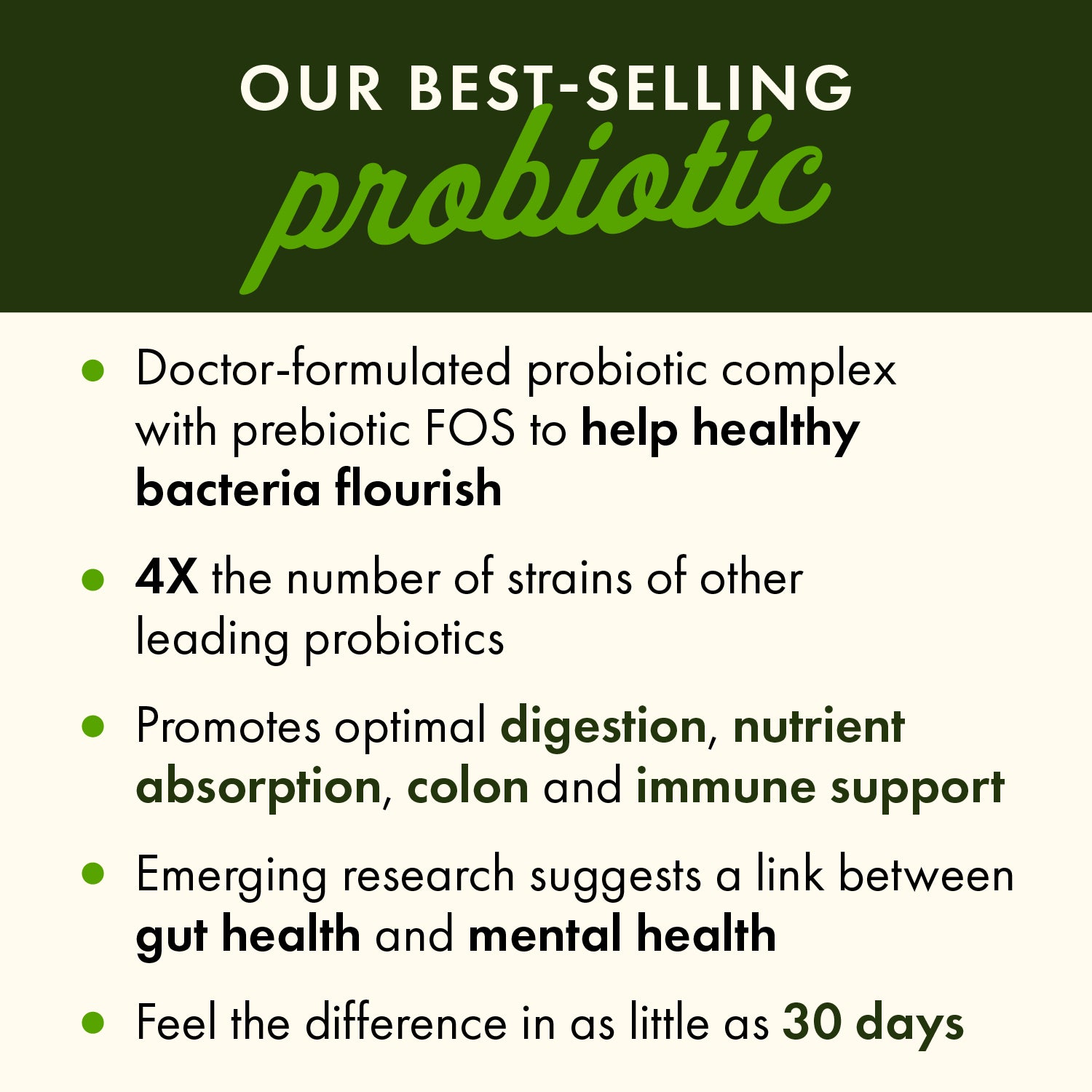 OUR BEST-SELLING probiotic  Doctor-formulated probiotic complex with prebiotic FOS to help healthy bacteria flourish  4X the number of strains of other leading probiotics 