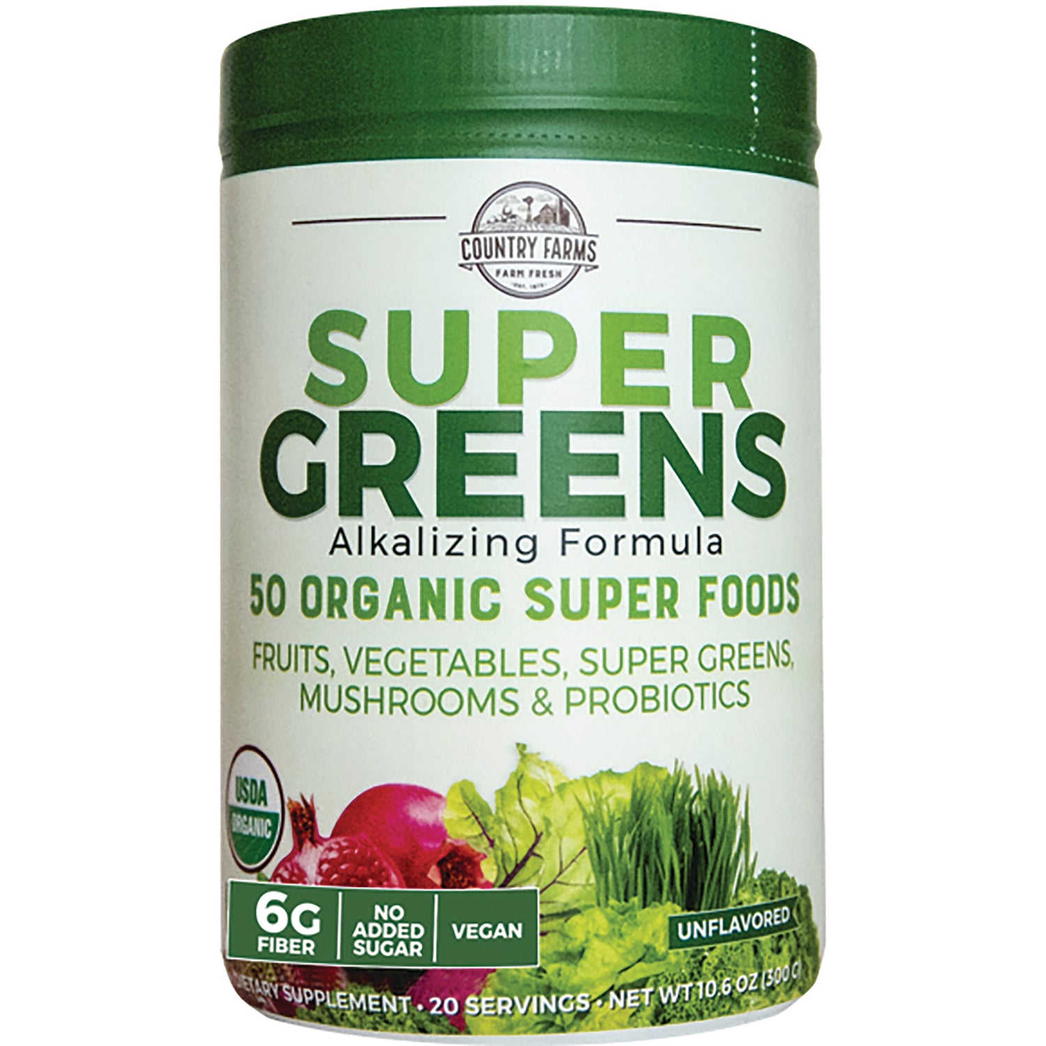 CFR010 | Country Farms Super Greens alkalizing formula supplement tub labeled 50 Organic Super Foods, unflavored