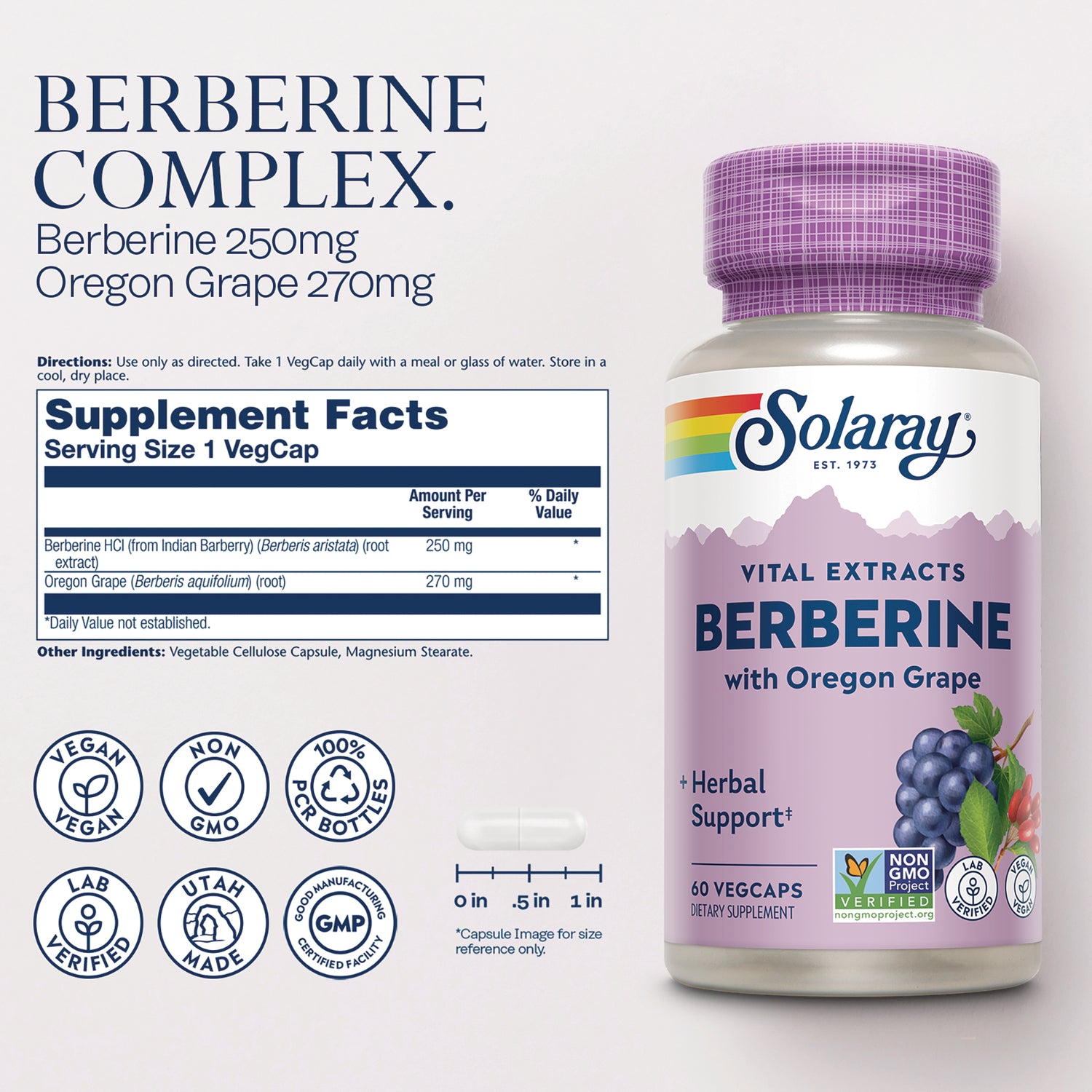 SLR443 | Solaray Berberine with Oregon Grape supplement facts panel and directions, plus bottle image