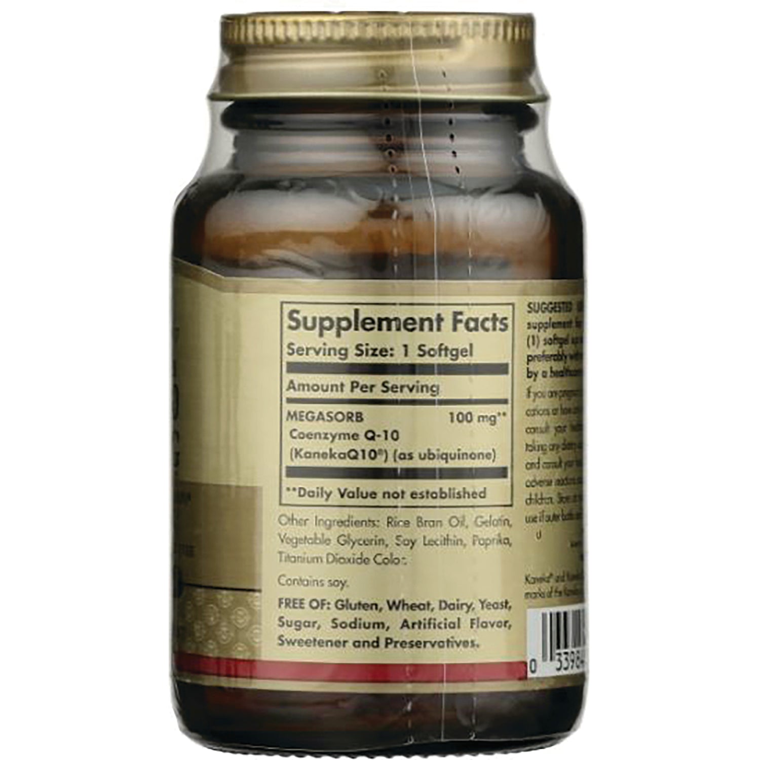 SLG273 | Back label of brown supplement bottle showing Supplement Facts panel, serving size 1 softgel and ingredients