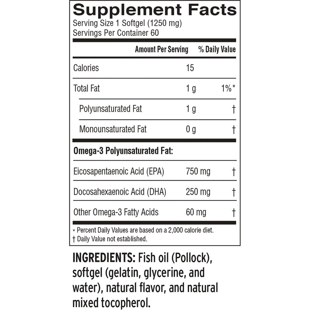 BAR111 | Supplement Facts panel: Serving size 1 softgel (1250 mg), Calories 15, EPA 750 mg, DHA 250 mg; Ingredients: Fish oil (Pollock), softgel - Thumbnail