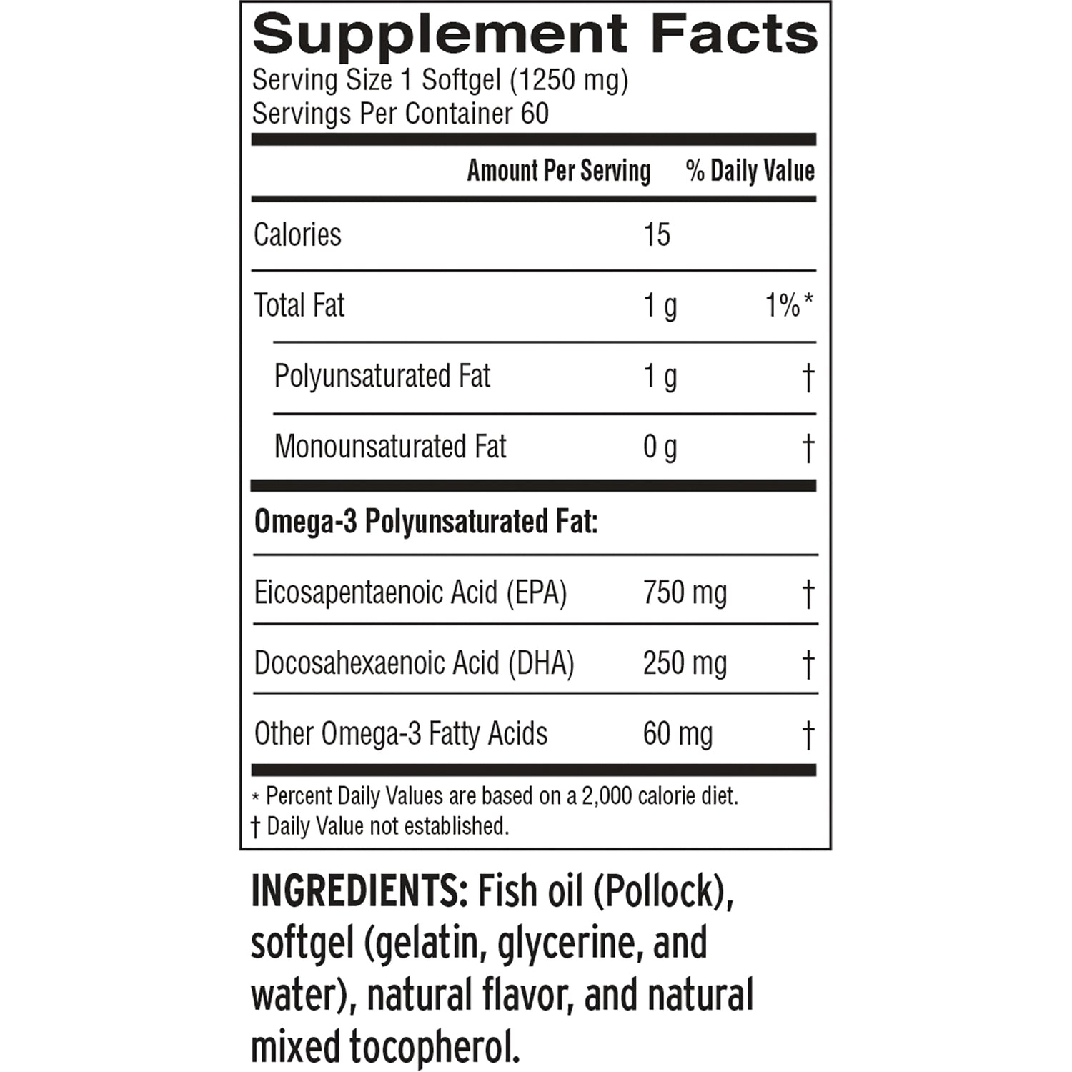 BAR111 | Supplement Facts panel: Serving size 1 softgel (1250 mg), Calories 15, EPA 750 mg, DHA 250 mg; Ingredients: Fish oil (Pollock), softgel
