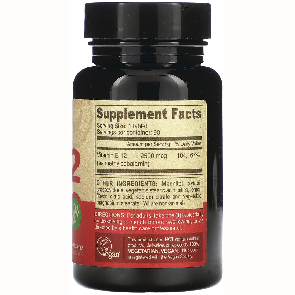 DEV042 | back of dark supplement bottle showing Supplement Facts label with Vitamin B-12 2500 mcg, ingredients and vegan statement - Thumbnail