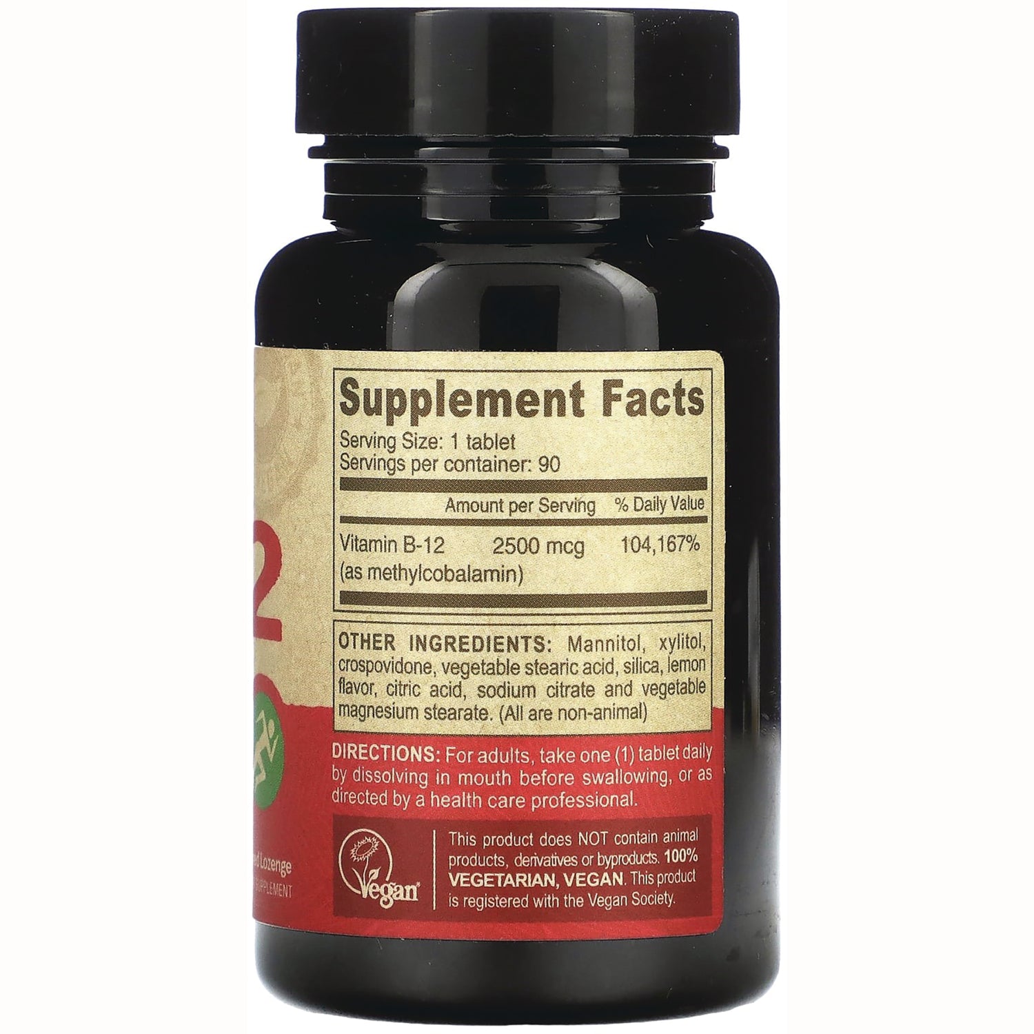 DEV042 | back of dark supplement bottle showing Supplement Facts label with Vitamin B-12 2500 mcg, ingredients and vegan statement