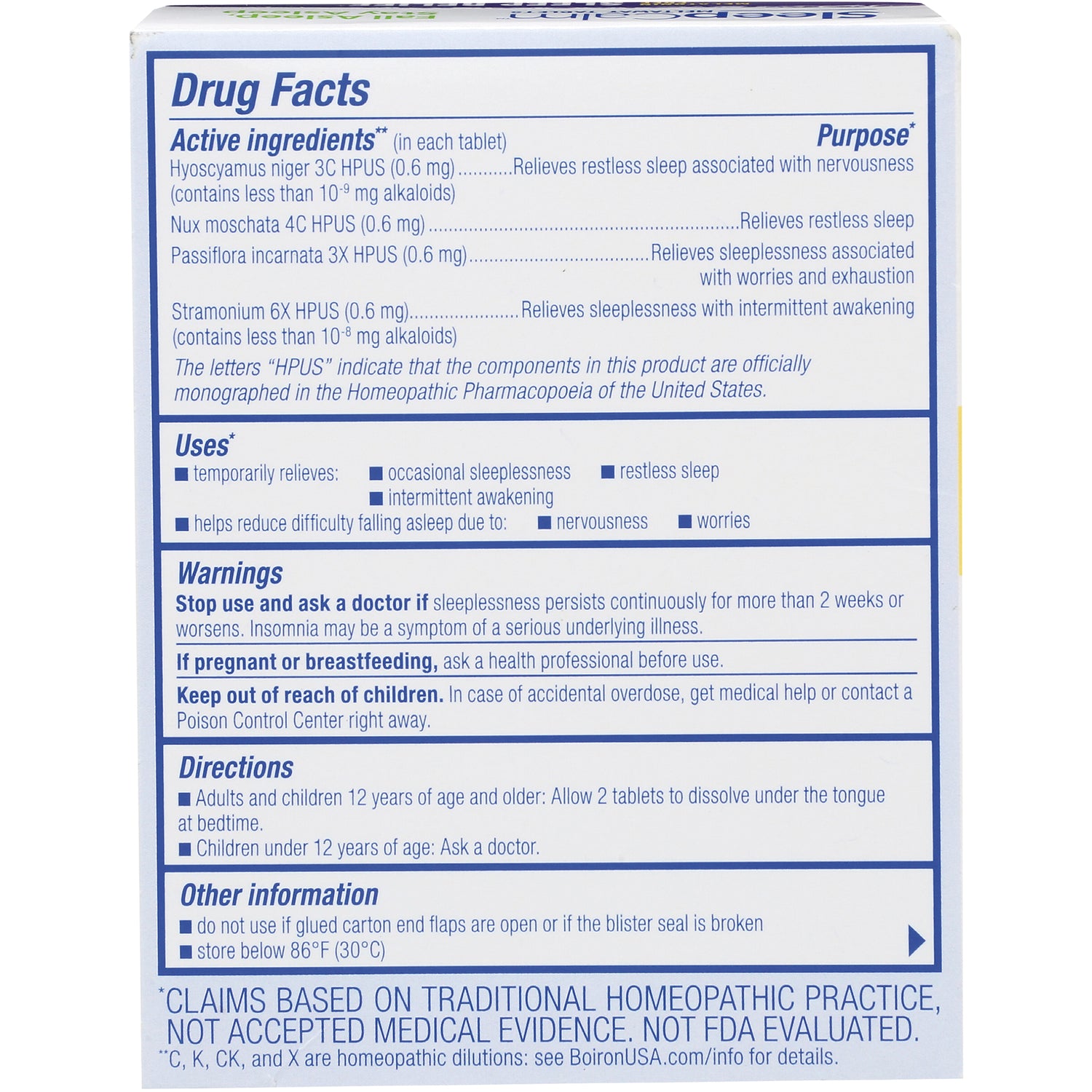 BRN124 | back of sleep aid box showing Drug Facts panel, active ingredients, warnings, directions and storage info