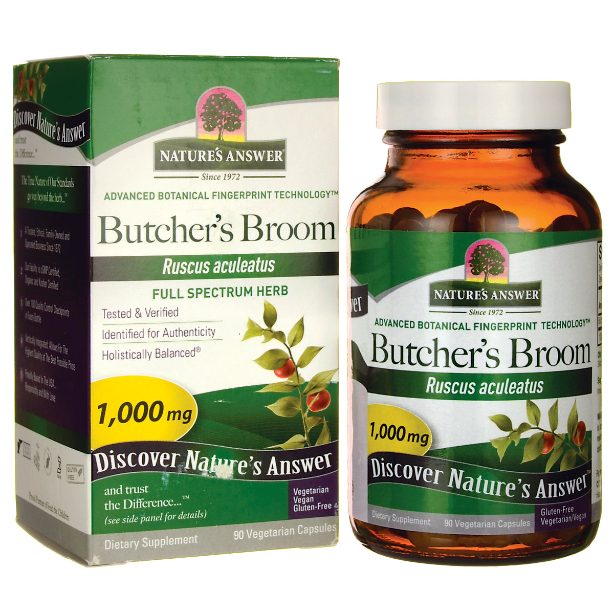 NAT156 | Nature's Answer Butcher's Broom 1,000 mg dietary supplement box and amber bottle, 90 vegetarian capsules
