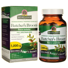 NAT156 | Nature's Answer Butcher's Broom 1,000 mg dietary supplement box and amber bottle, 90 vegetarian capsules