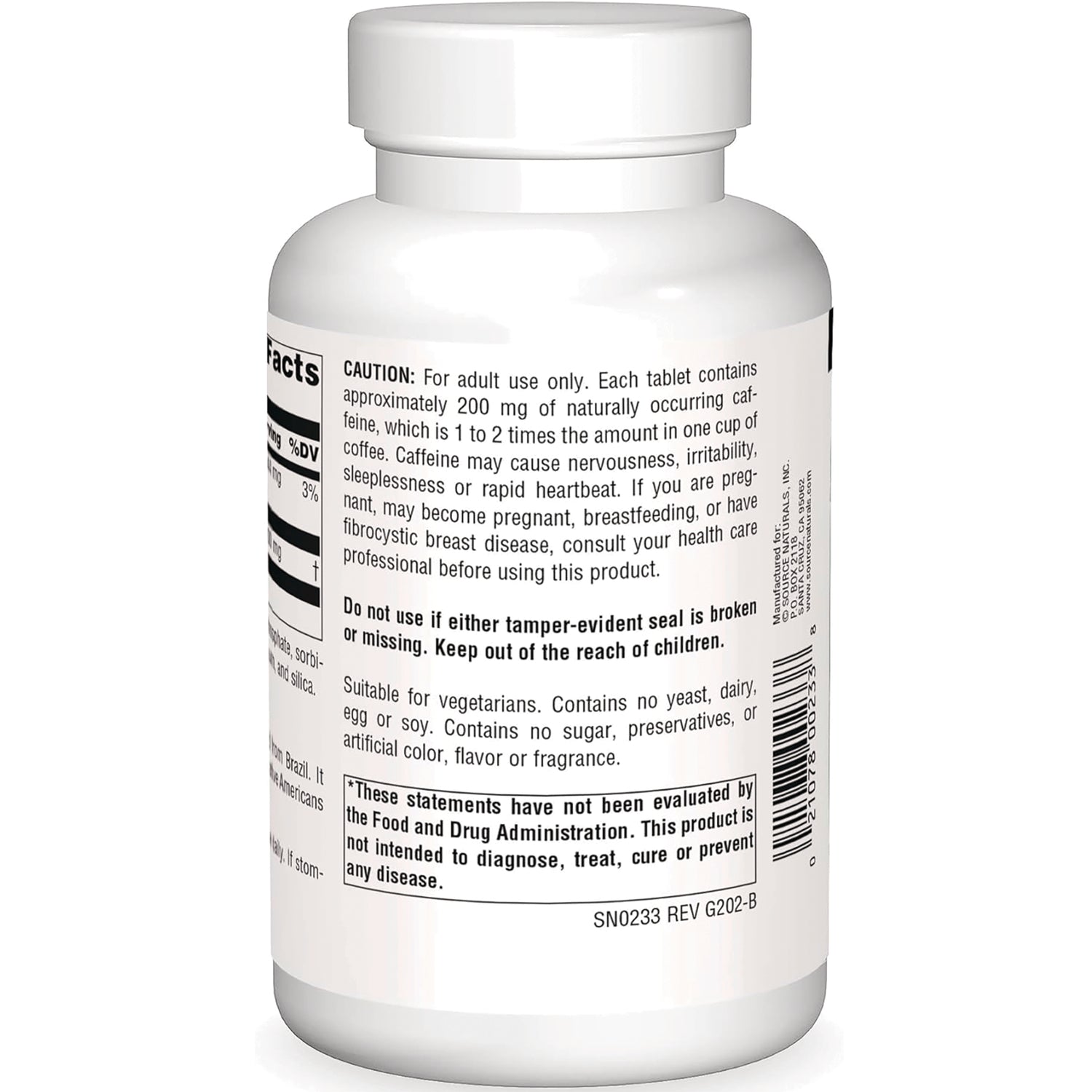 SN616 | Back label with caffeine caution, vegetarian statement, FDA disclaimer, and barcode