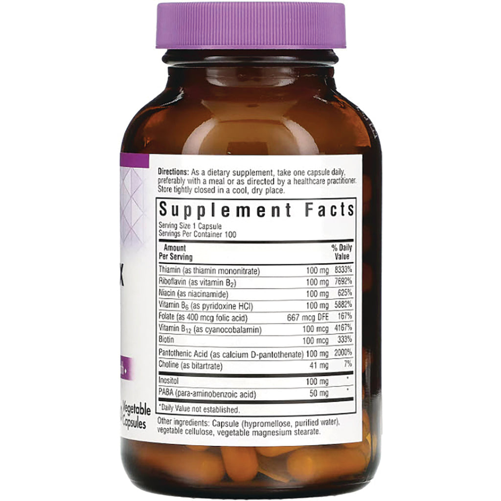 BLU054 | Back of brown supplement bottle showing Supplement Facts panel, directions, ingredients and capsules visible through glass - Thumbnail