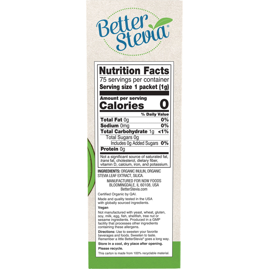 NWF979 | Better Stevia nutrition facts panel showing Calories 0, serving size 1 packet and ingredients - Thumbnail