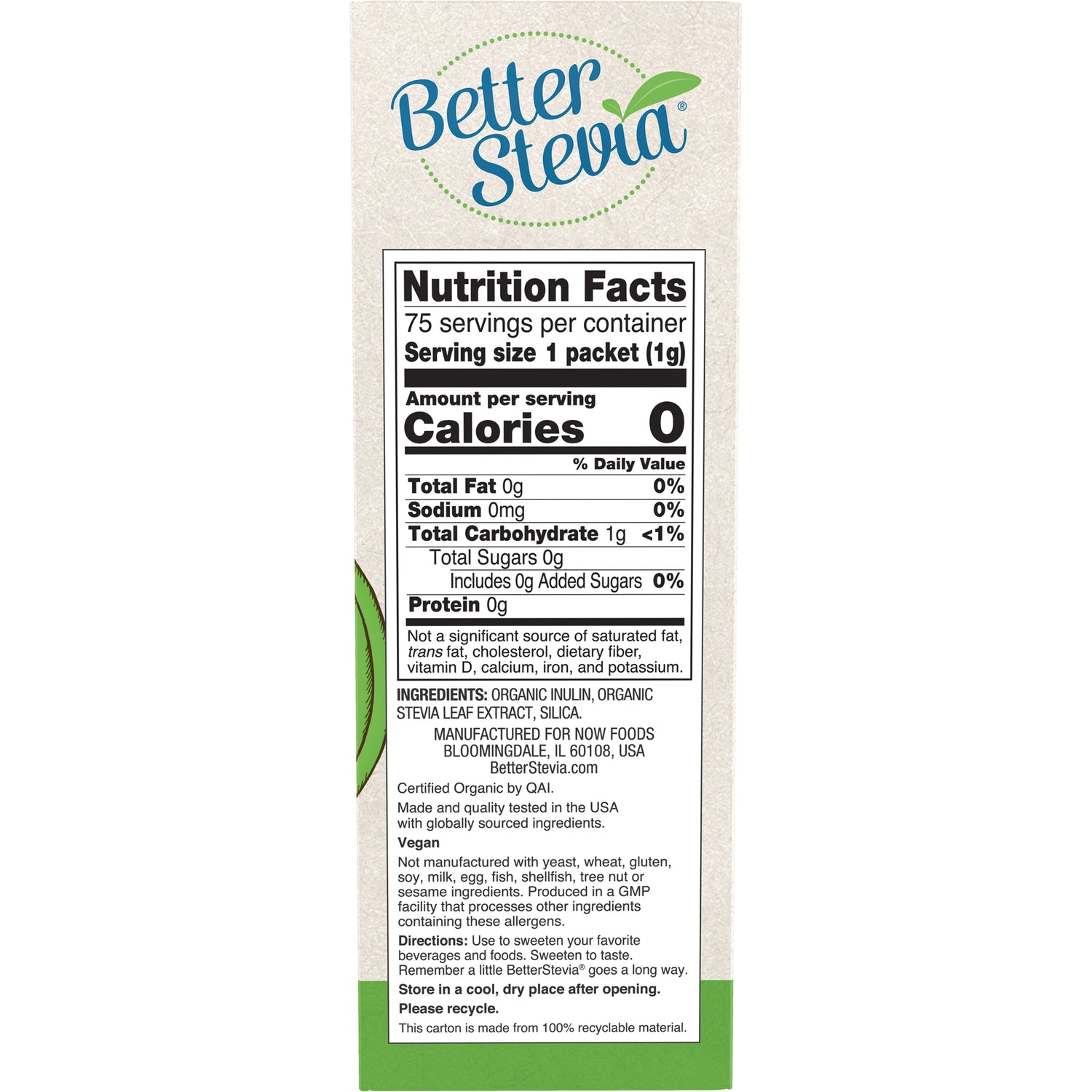 NWF979 | Better Stevia nutrition facts panel showing Calories 0, serving size 1 packet and ingredients