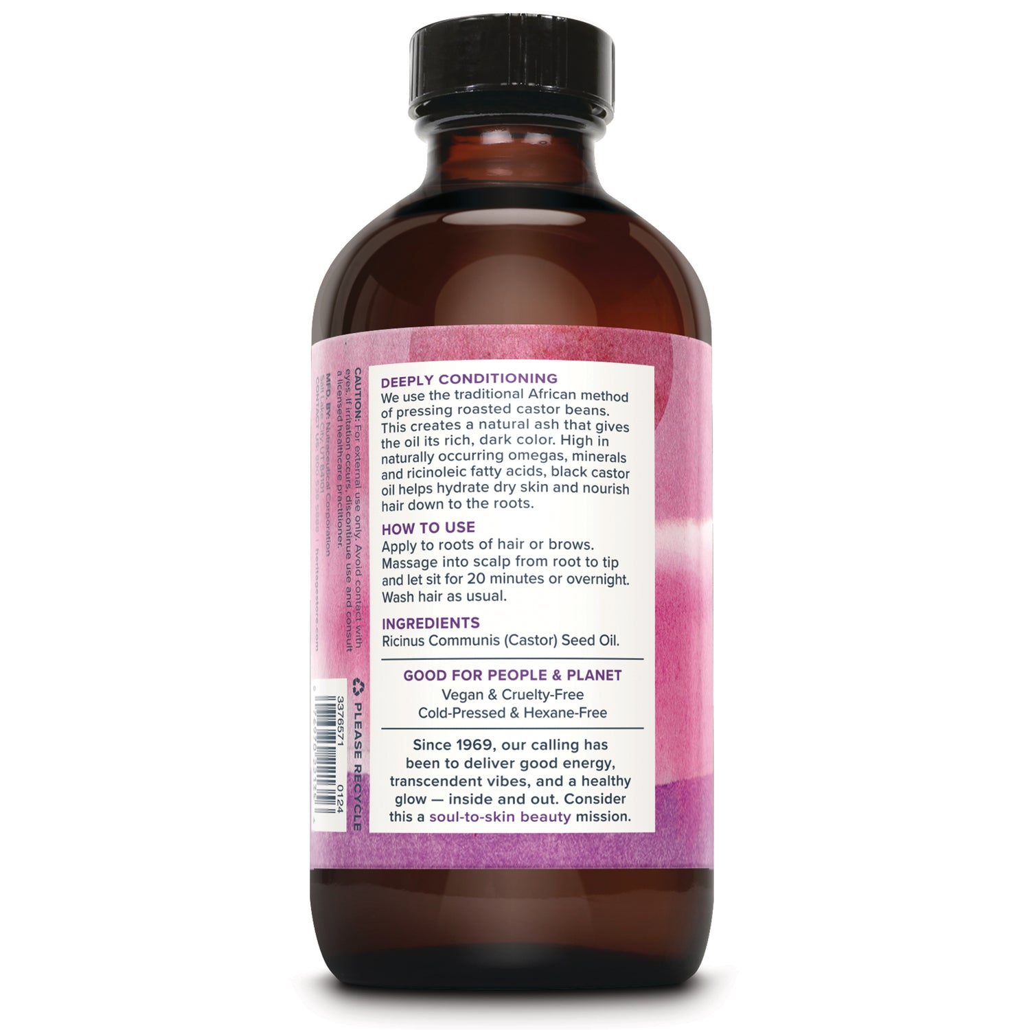 HTG104 | Back label of brown bottle showing directions, ingredients, and vegan and cruelty-free claims