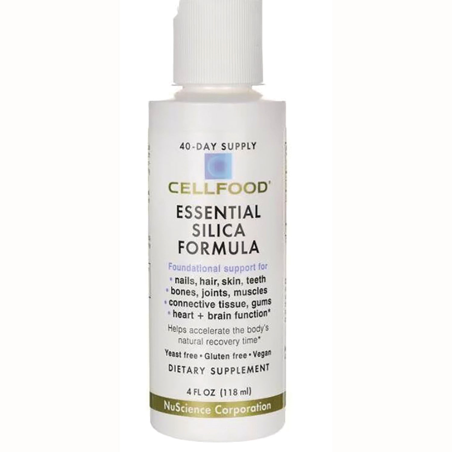 LMH003 | Cellfood Essential Silica Formula dietary supplement bottle, 4 fl oz white label