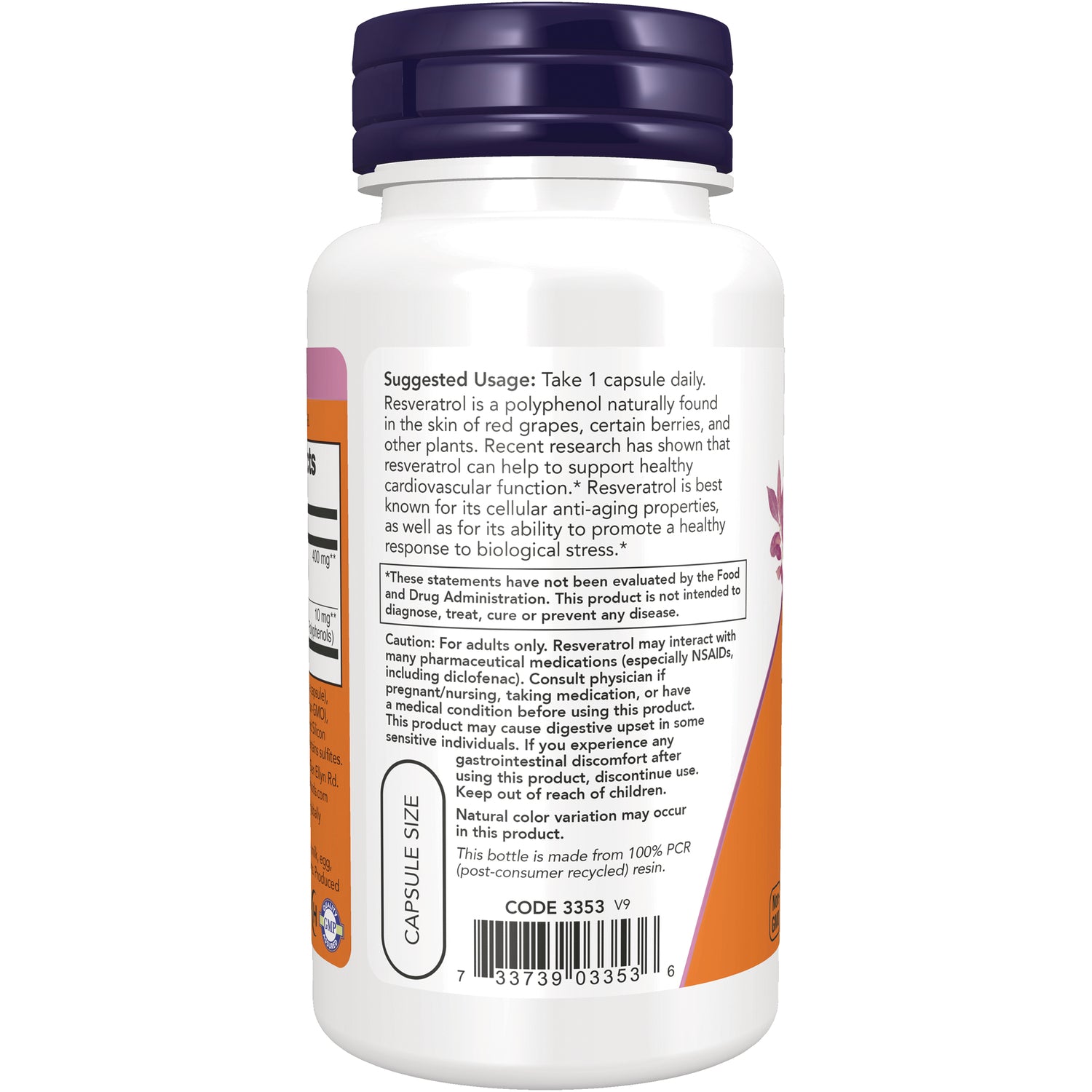 NWF138 | back label of white supplement bottle showing suggested usage, caution text, and barcode