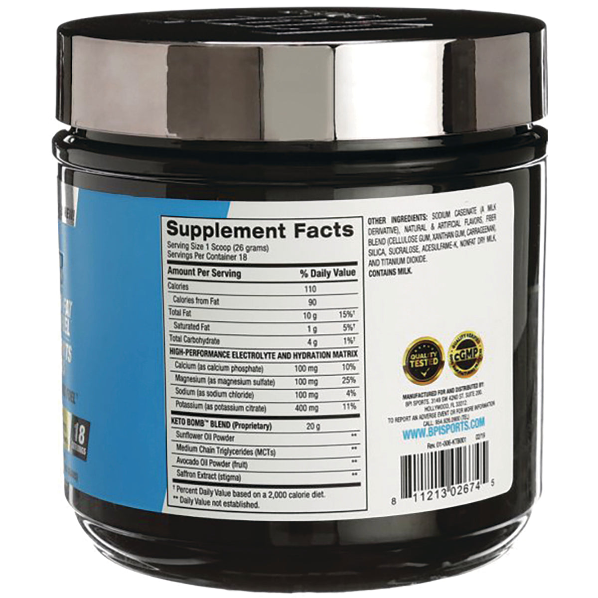 BPI025 | jar back showing Supplement Facts panel, nutrition facts table and barcode
