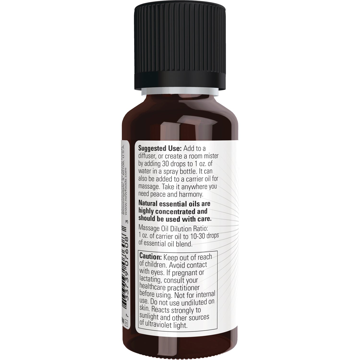 NWF1229 | Back label of amber essential oil bottle showing suggested use, dilution ratio, and caution text