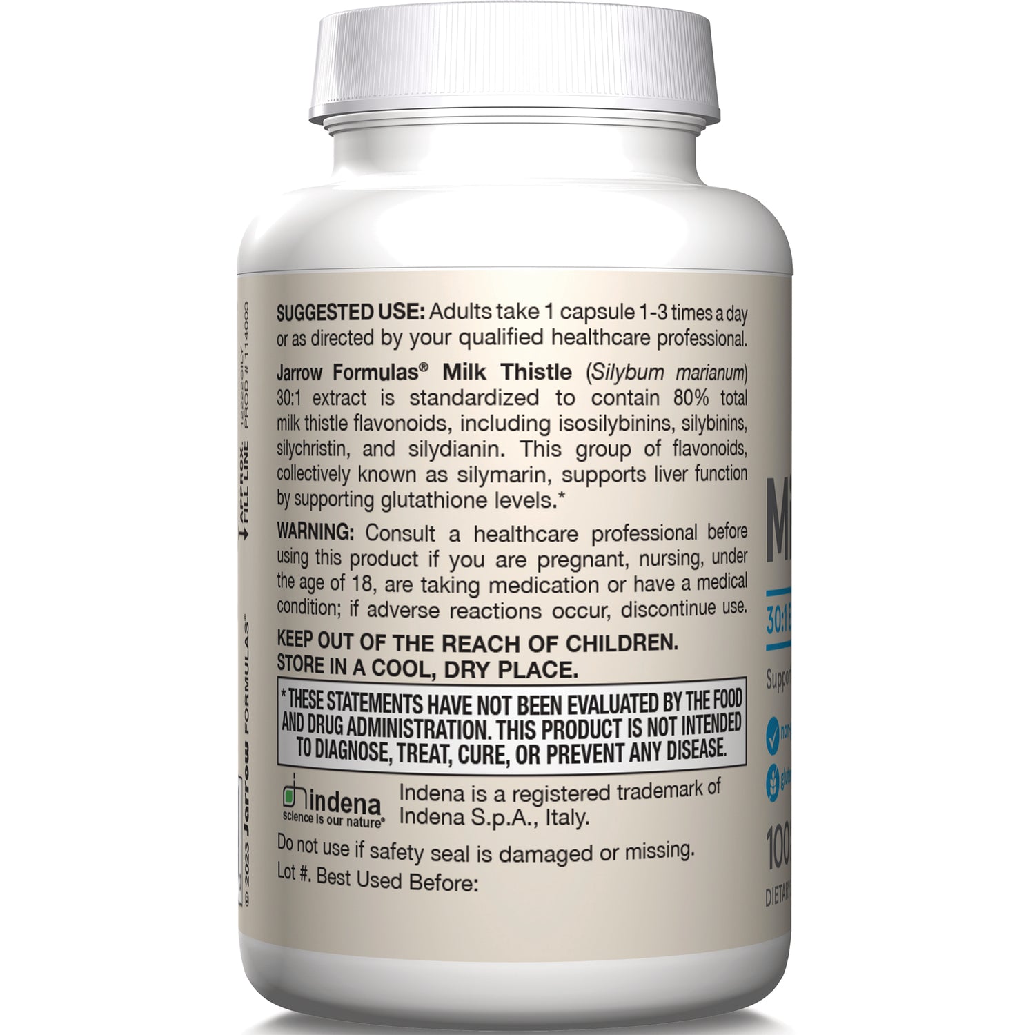 JR199 | Back label of white supplement bottle showing suggested use, warnings, FDA disclaimer and storage instructions
