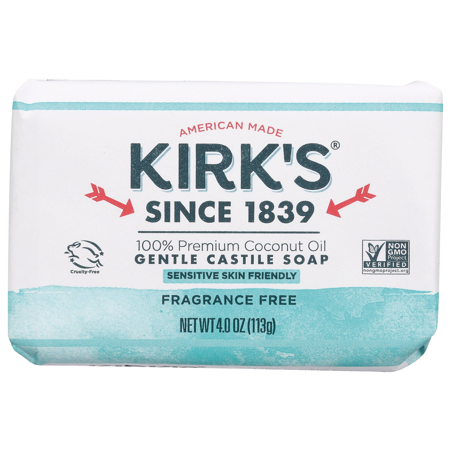 KIR002 | Kirk's gentle castile soap bar, fragrance free, 100% coconut oil, sensitive skin friendly, net wt 4.0 oz