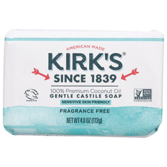KIR002 | Kirk's gentle castile soap bar, fragrance free, 100% coconut oil, sensitive skin friendly, net wt 4.0 oz