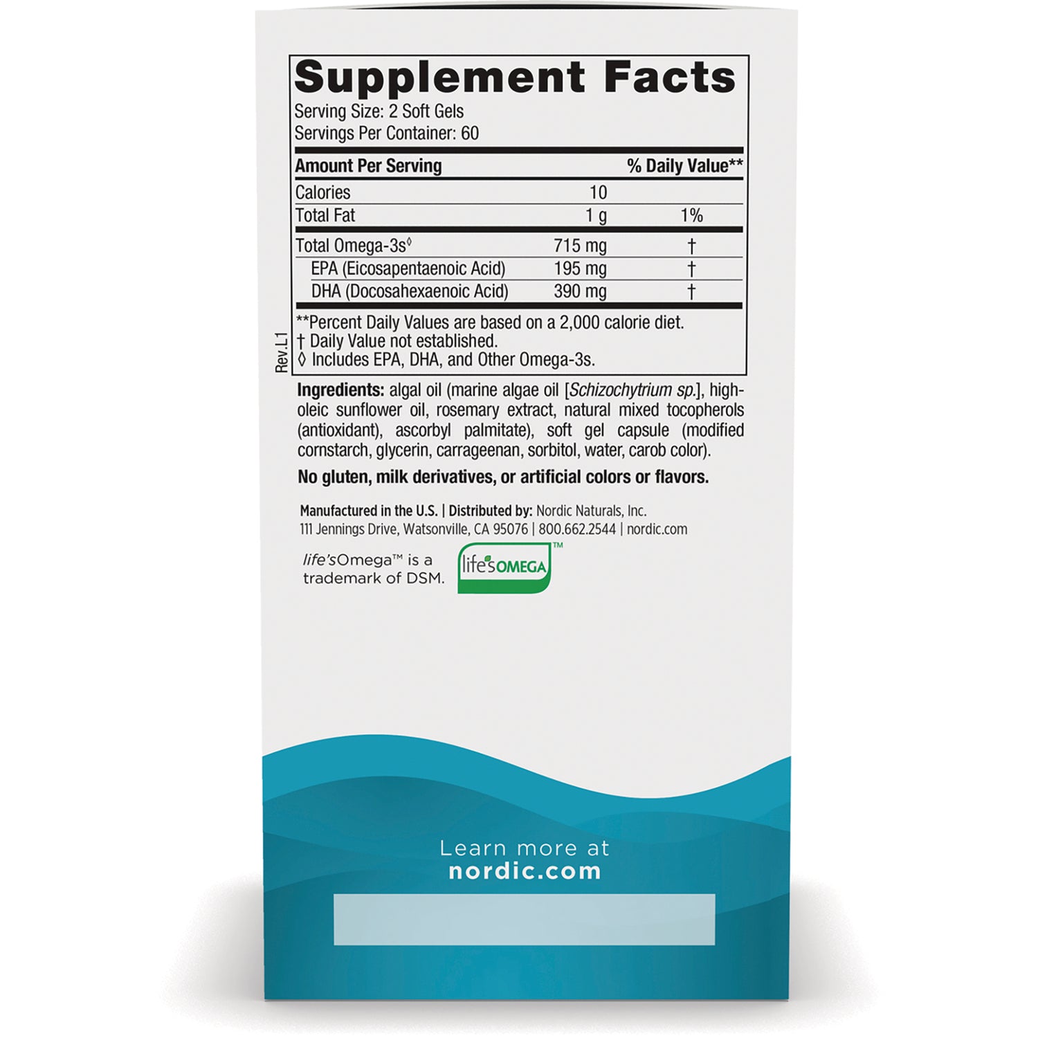 NRN133 | back of supplement box with Supplement Facts panel, ingredient list, and nordic.com link