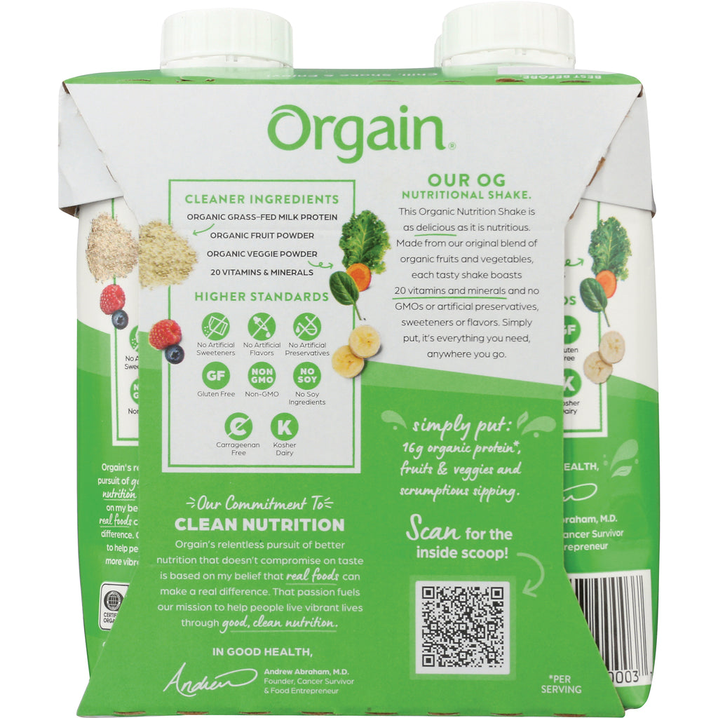 OGN001 | Orgain back panel showing cleaner ingredients, higher standards icons, QR code and barcode - Thumbnail