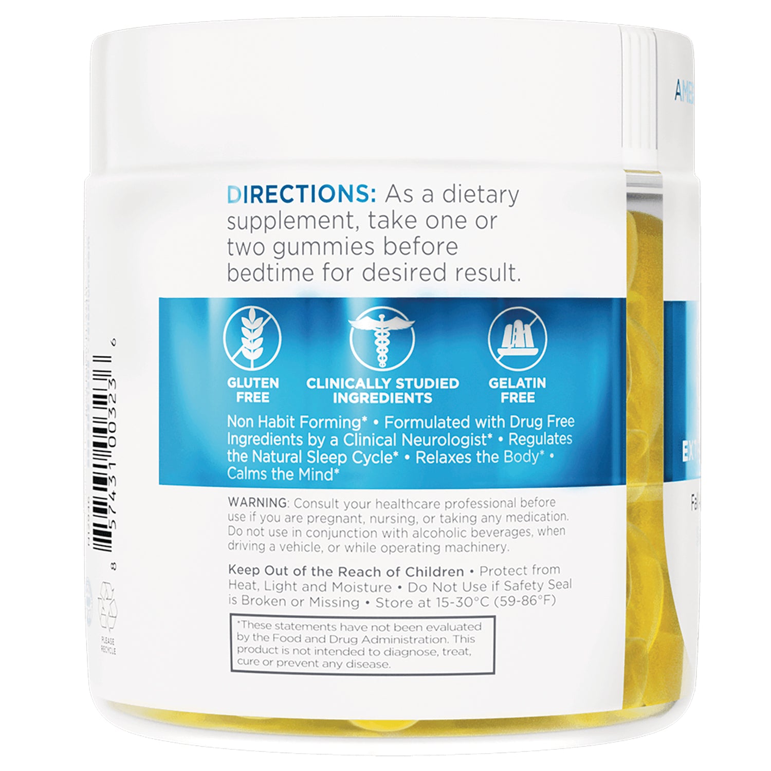 REL003 | back label showing directions text, gluten free and gelatin free icons, warnings and storage info