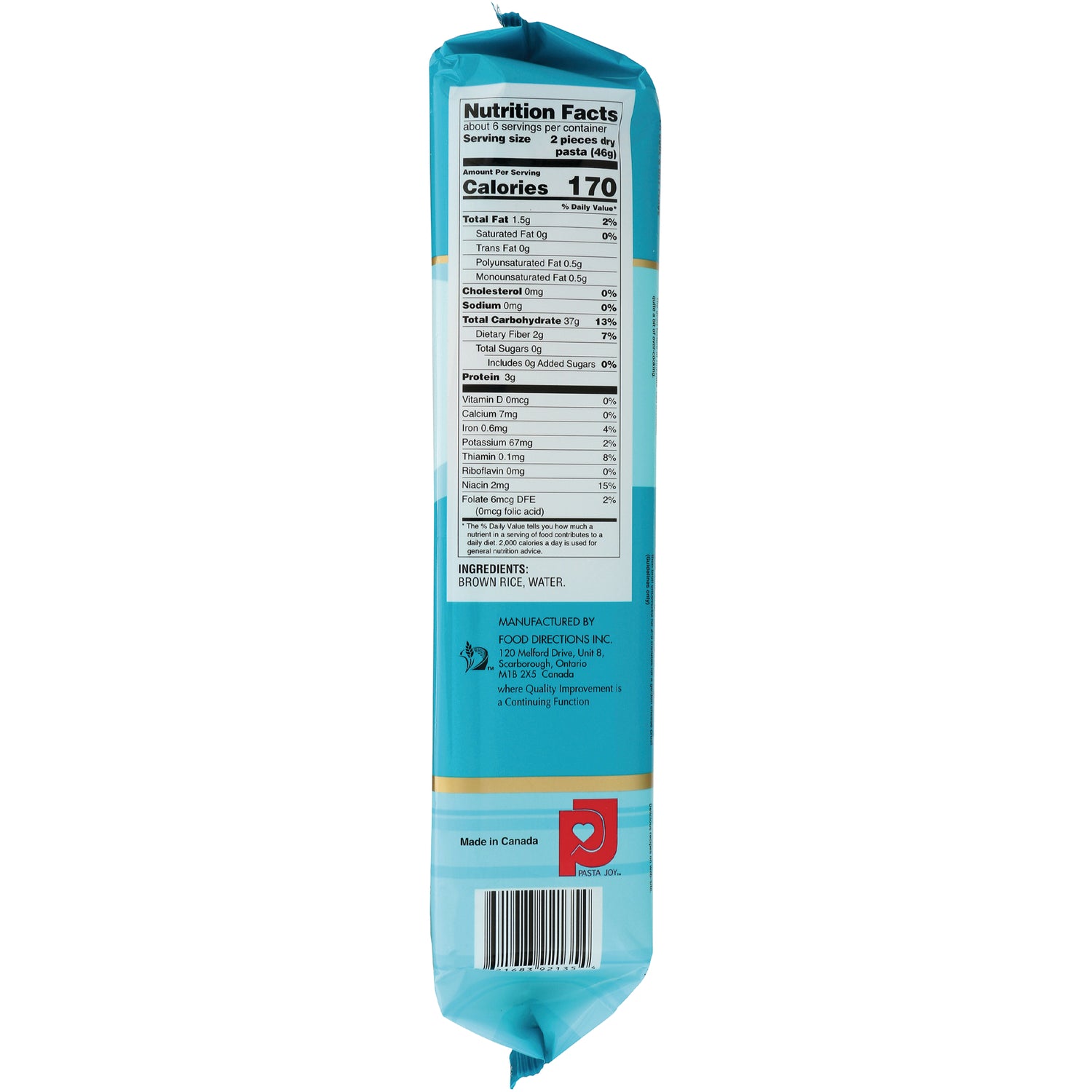 TKY009 | Back of pasta package with Nutrition Facts, ingredients Brown Rice and Water, barcode, Made in Canada