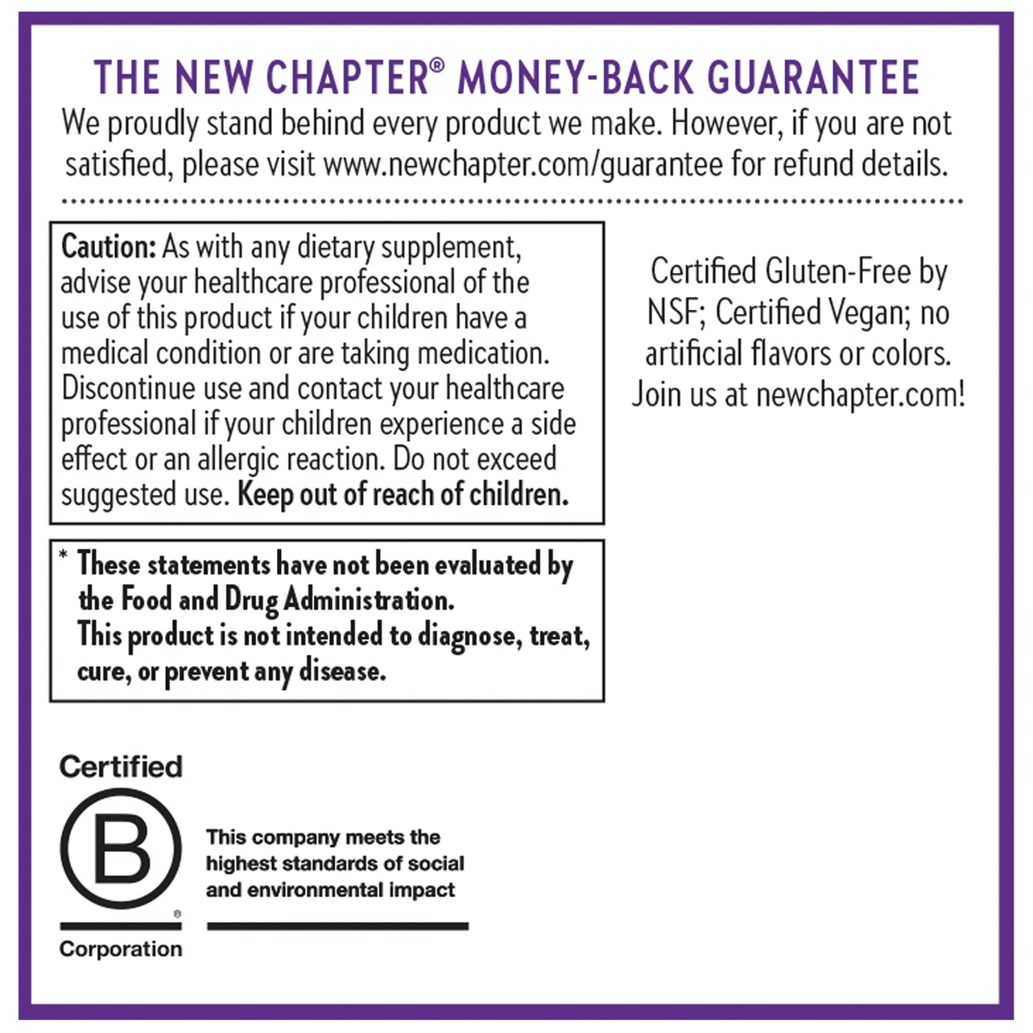 NWC354 | product infographic with money-back guarantee, caution and FDA disclaimer, certifications and B Corporation logo