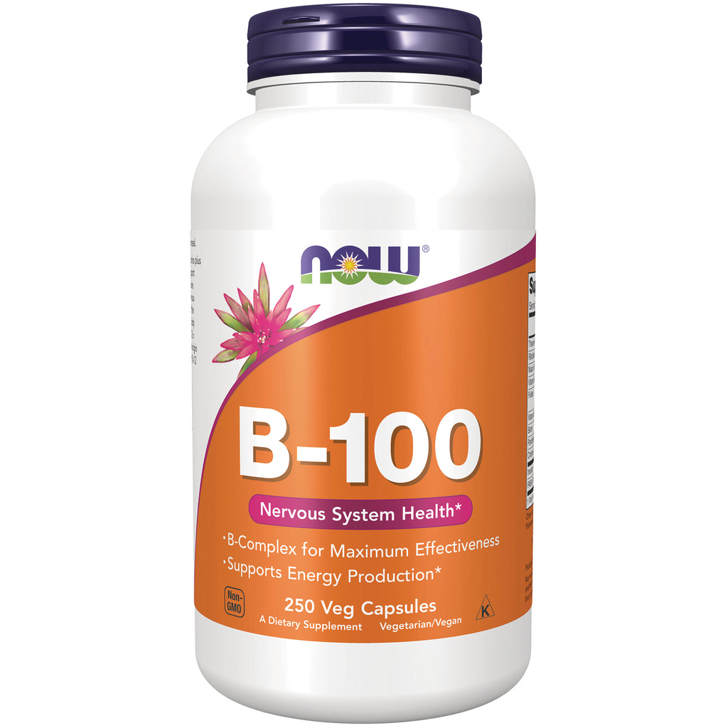 NWF856 | NOW B-100 dietary supplement bottle front label, 250 Veg Capsules, Nervous System Health - Thumbnail