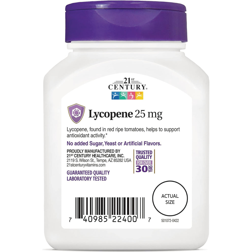 CNT098 | Bottle label showing Lycopene 25 mg supplement with 21st Century branding and barcode - Thumbnail