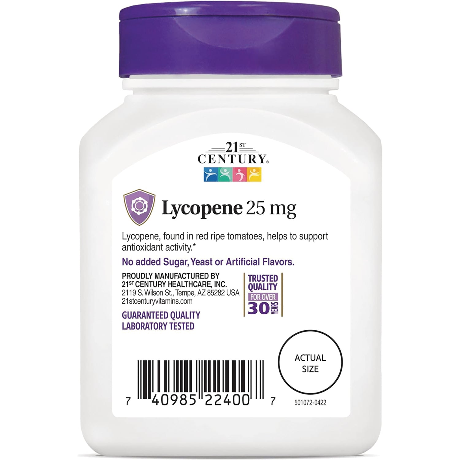 CNT098 | Bottle label showing Lycopene 25 mg supplement with 21st Century branding and barcode