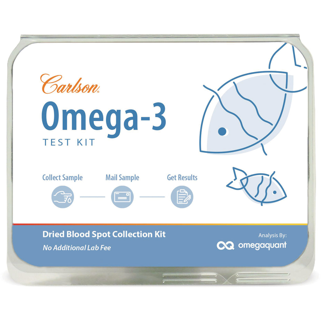 CSN285 | Carlson Omega-3 test kit front packaging showing fish graphics and steps Collect Sample Mail Sample Get Results - Thumbnail