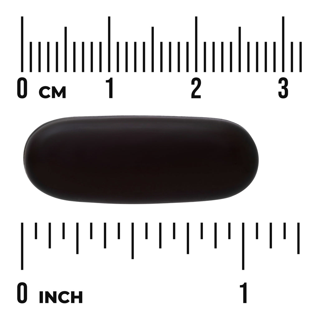 SW490 | black oblong softgel capsule on measurement scale with centimeter and inch markings - Thumbnail
