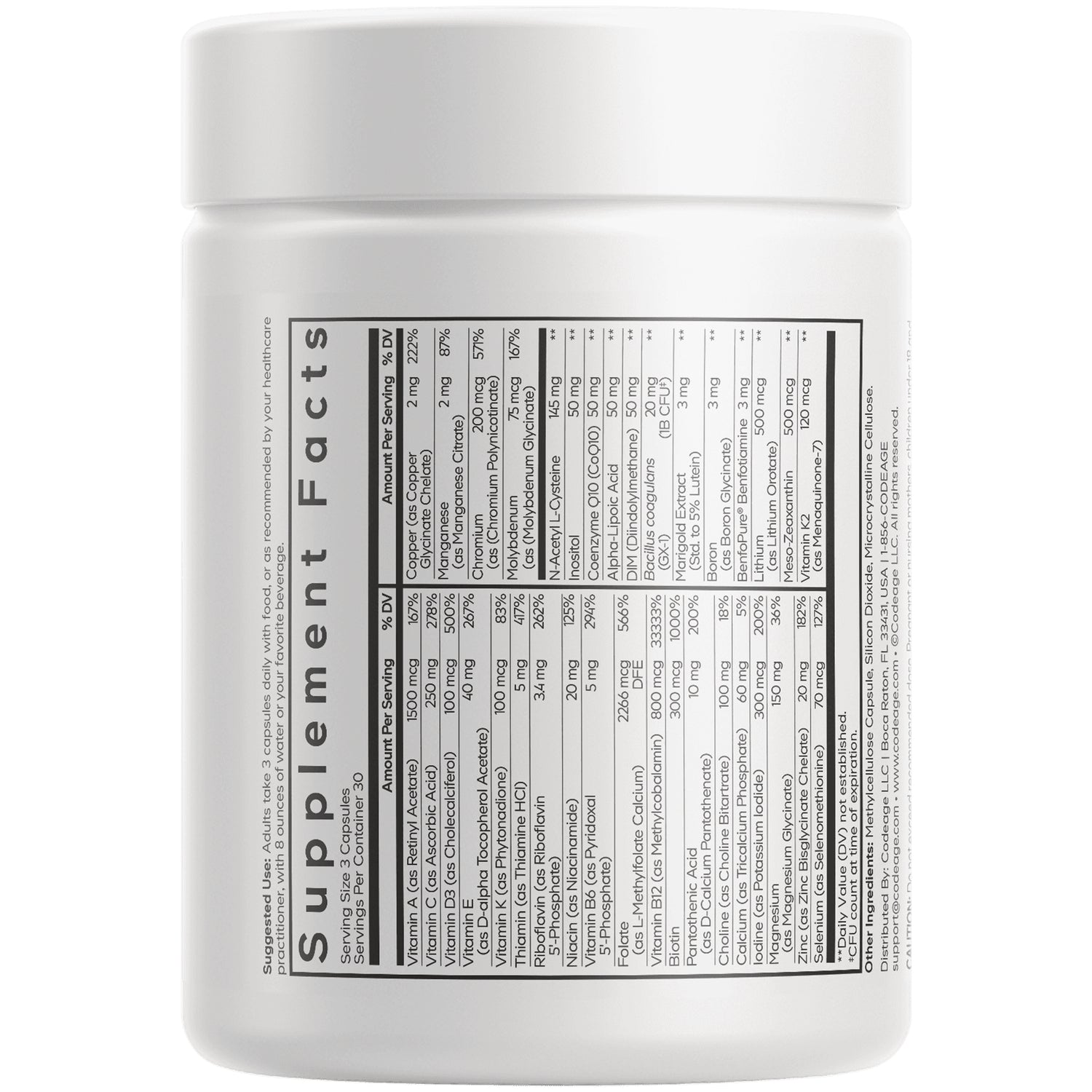 CDG042 | back label showing Supplement Facts panel and ingredients table on a white supplement bottle