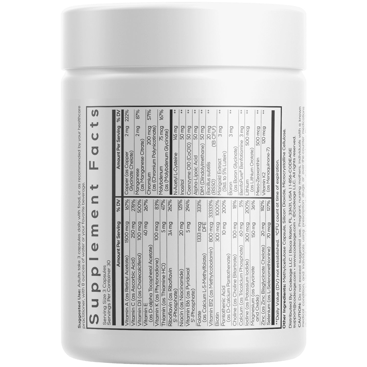CDG042 | back label showing Supplement Facts panel and ingredients table on a white supplement bottle