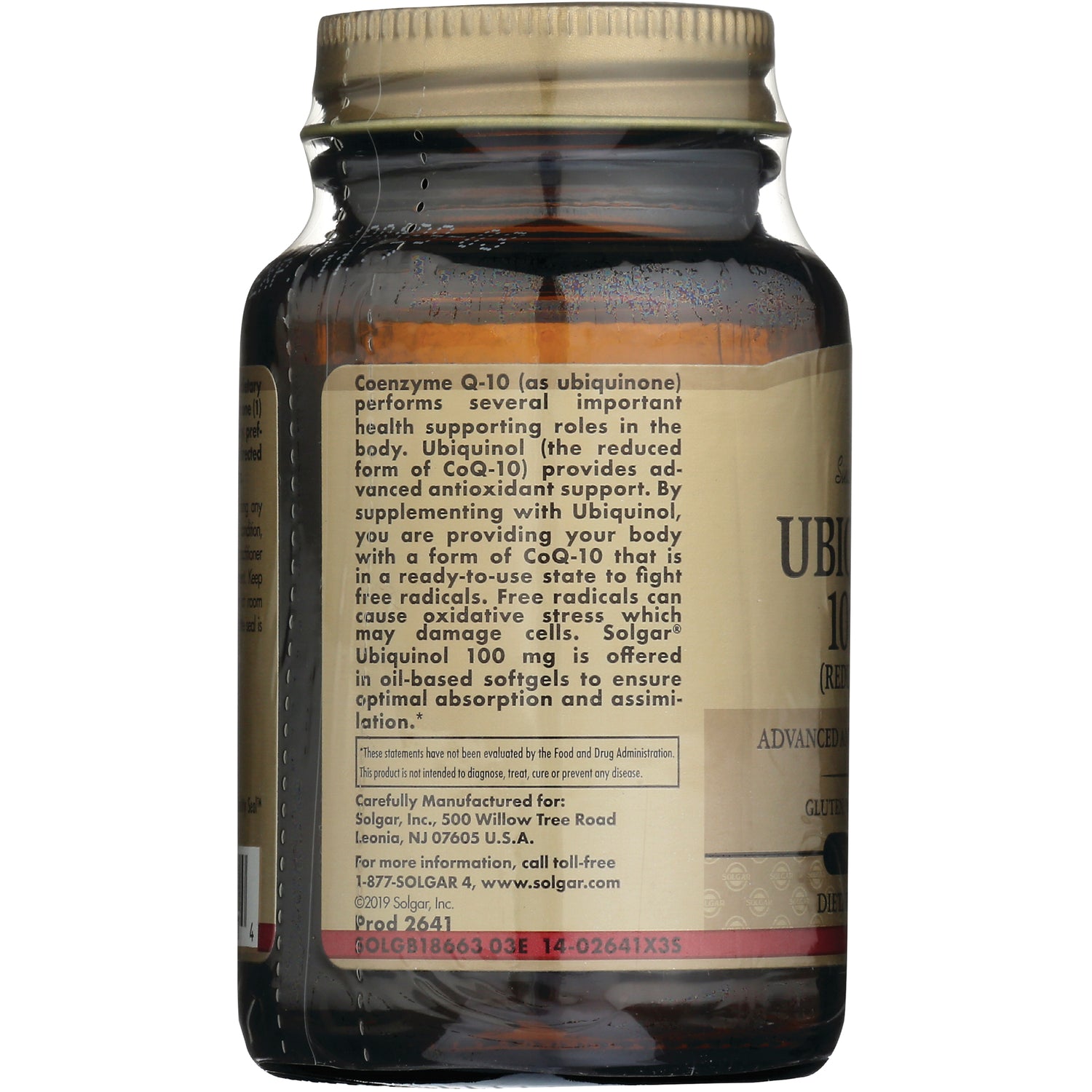 SLG303 | back label text describing Coenzyme Q-10 benefits and product information on amber softgel bottle