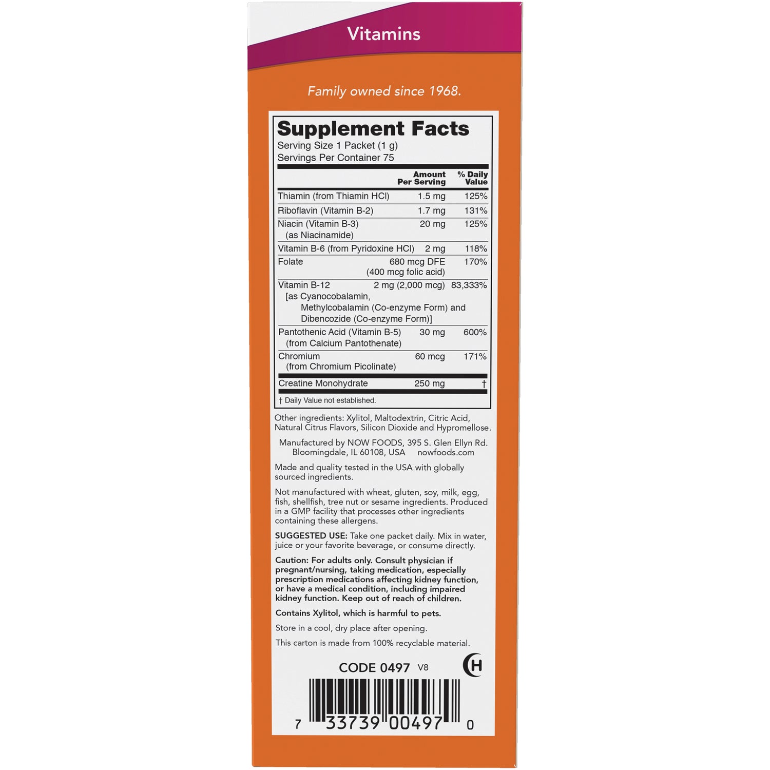 NWF024 | Back panel showing Supplement Facts, ingredient list, cautions, and barcode on orange vitamin box