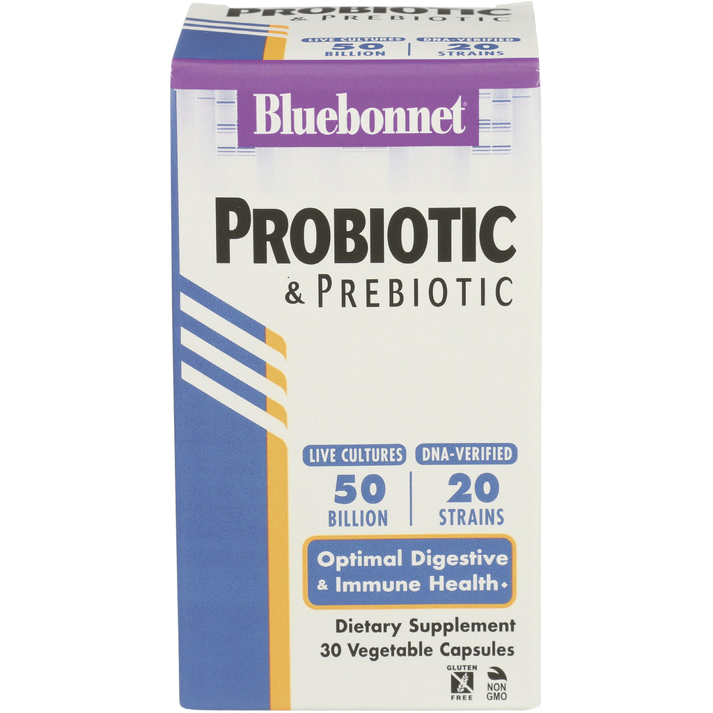 BLU148 | Bluebonnet probiotic & prebiotic box, 50 billion, 20 strains, Optimal Digestive & Immune Health, 30 vegetable capsules - Thumbnail