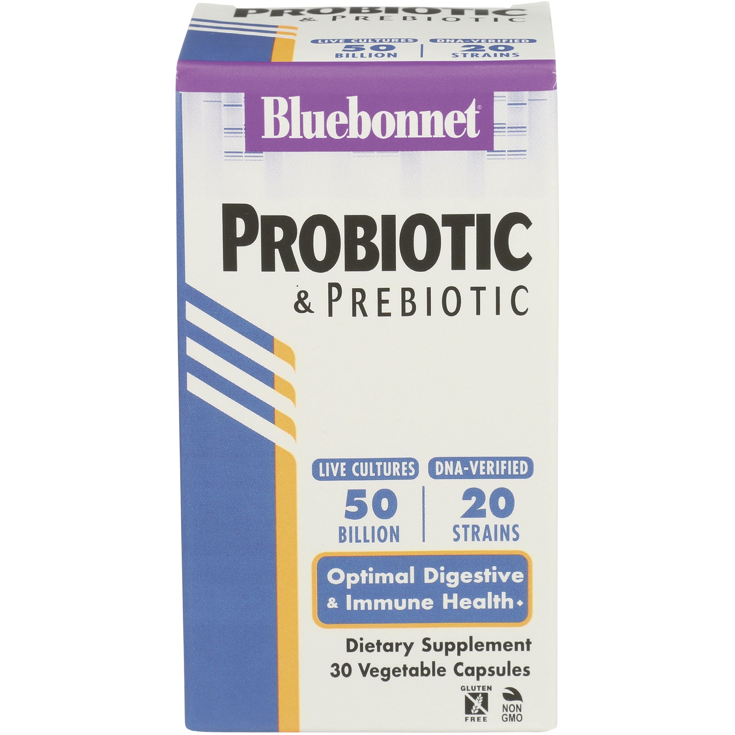 BLU148 | Bluebonnet probiotic & prebiotic box, 50 billion, 20 strains, Optimal Digestive & Immune Health, 30 vegetable capsules