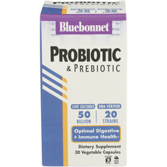 BLU148 | Bluebonnet probiotic & prebiotic box, 50 billion, 20 strains, Optimal Digestive & Immune Health, 30 vegetable capsules