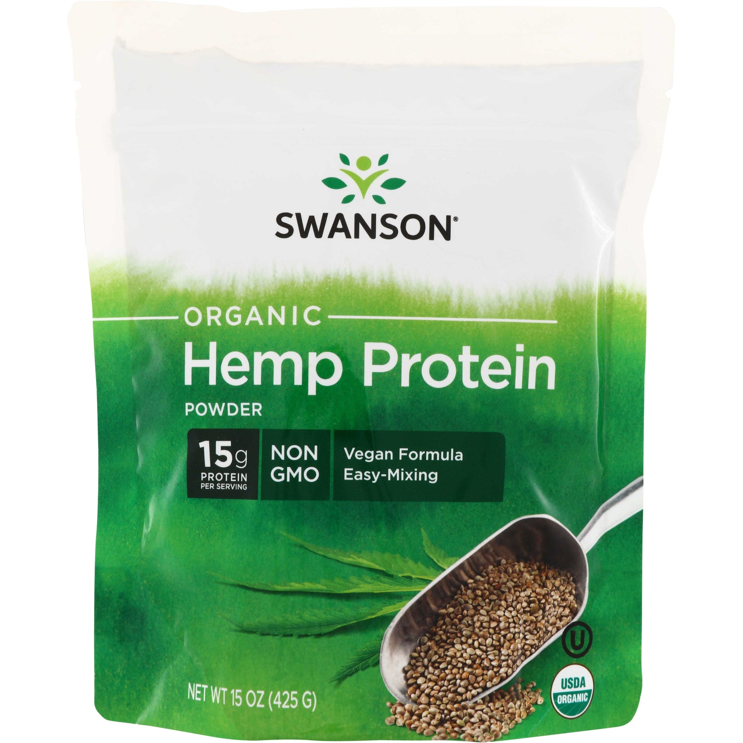 SWF116 | Swanson Organic Hemp Protein Powder pouch, 15g protein per serving, Non-GMO, vegan formula, easy-mixing, 15 oz